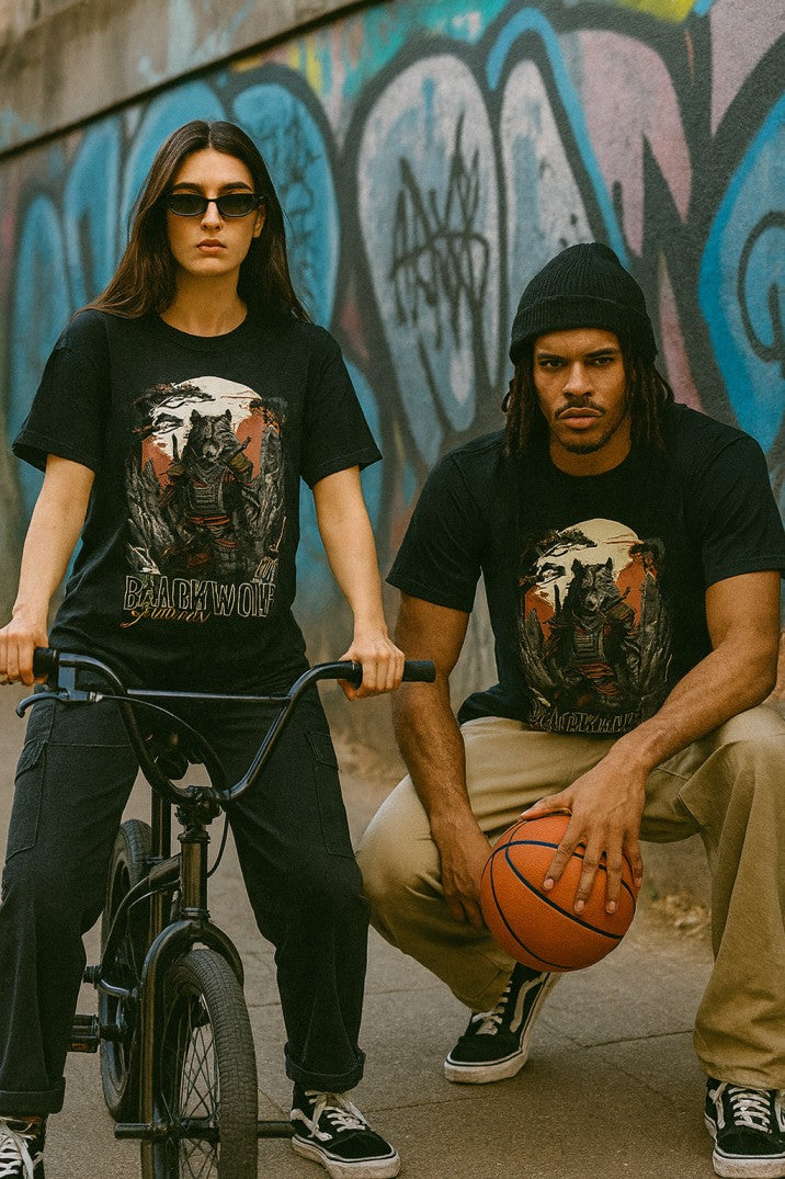 Skye64 Premium Tee: Black Wolf Samurai Black