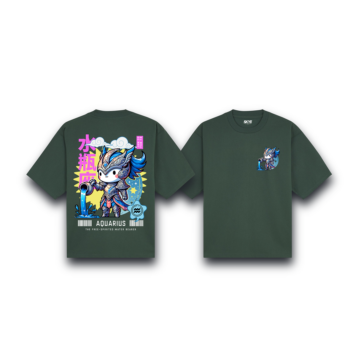 Skye102_Oversized_Tee_Aquarius_Armor_Zodiac_Chibi_Dark_Green