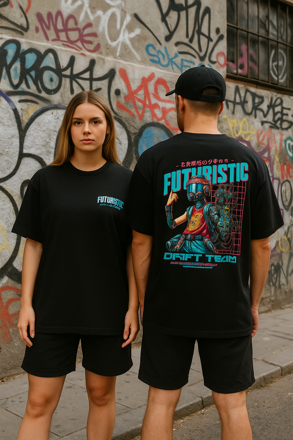 Skye51 Oversized Tee: Futuristic Drift Team Black