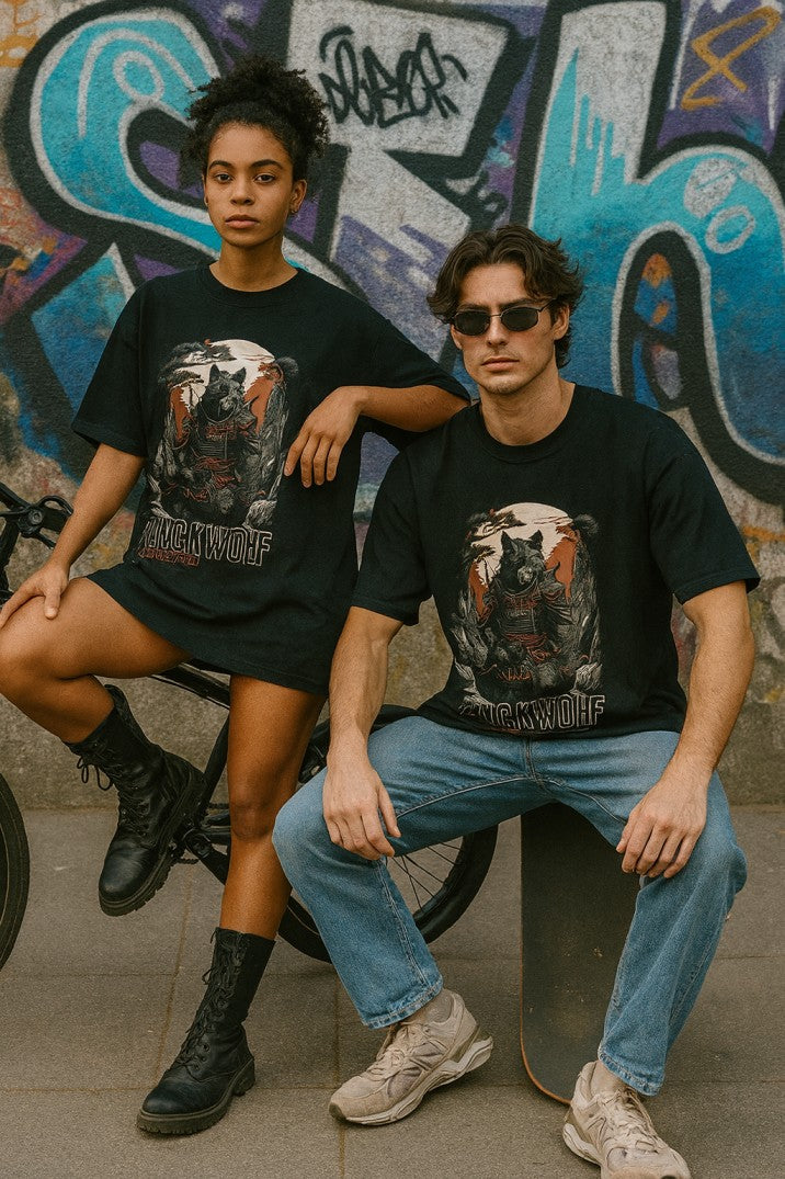 Skye64 Oversized Tee: Black Wolf Samurai Black1