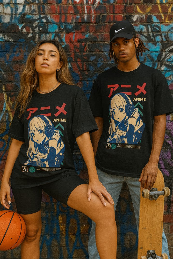 Skye72 Oversized Tee: Anime Girl Black